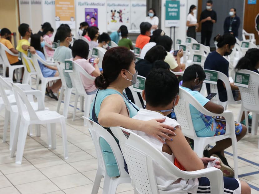 Children being observed after receiving their Pfizer-BioNTech Covid-19 vaccine jab at the Pasir Ris Elias Community Club on Dec 27, 2021.