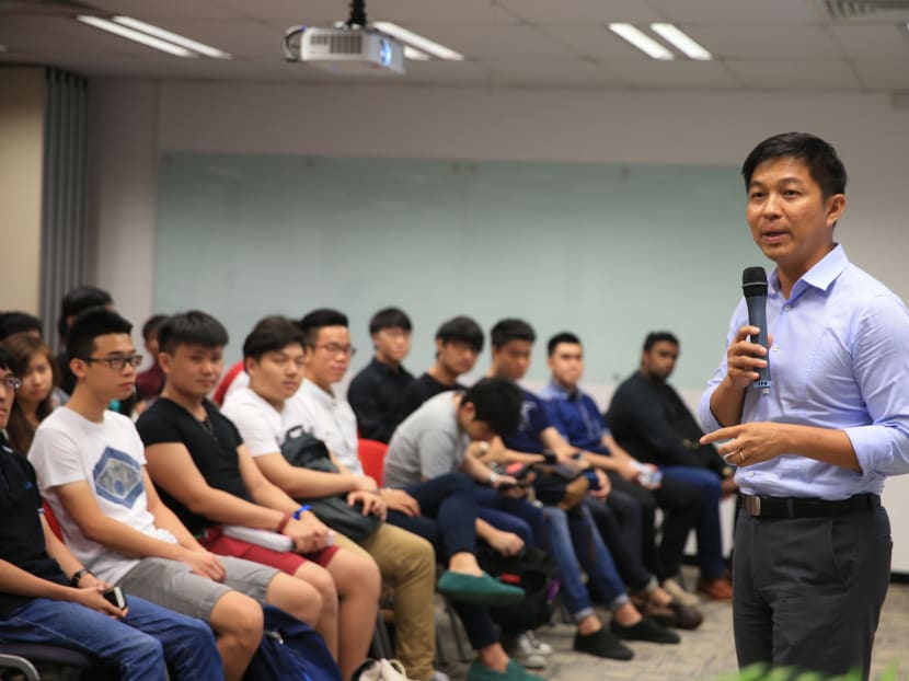 Minister for Social and Family Development Tan Chuan-Jin speak on how youth and students can play an active role in creating a caring and resilient society, as part of Ngee Ann Polytechnic (NP)’s annual Heroes Seminar on May 25, 2015. Photo: Wee Teck Hian