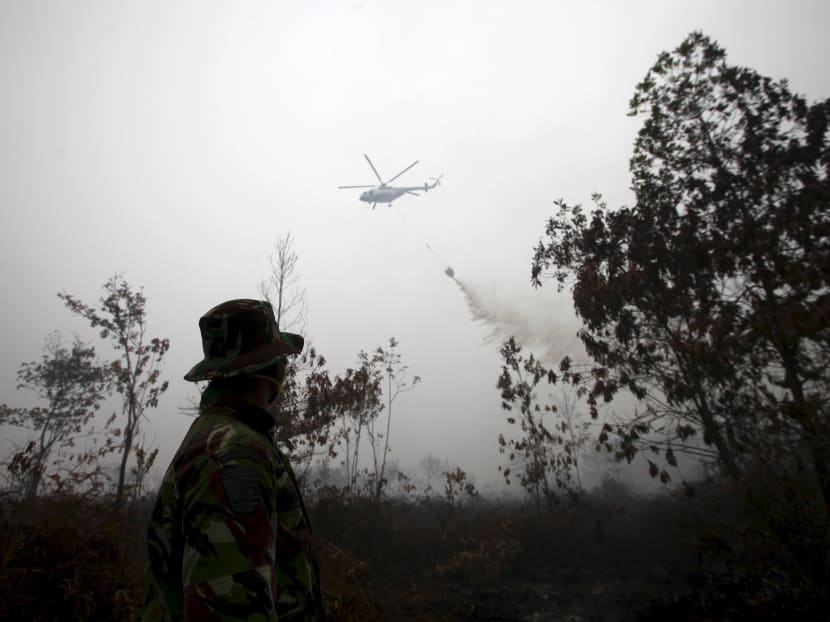 An Indonesian soldier watches as a helicopter water bomber releases its cargo over a peatland fire in Kampar, Riau province on the Indonesian island of Sumatra, September 17, 2015. Photo: Reuters
