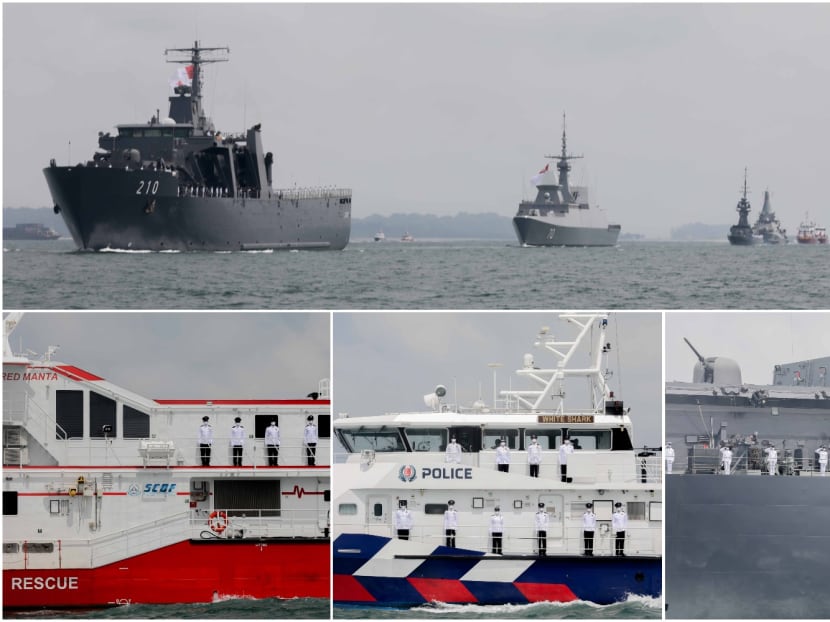 (Top) The endurance-class landing ship tank from the Republic of Singapore Navy (RSN) leading the main column of the maritime sail-past at a rehearsal for the National Day Parade on July 29, 2020. (Bottom, from left) Singapore Civil Defence Force servicemen on board the heavy rescue vessel; Police Coast Guard servicemen on board the PH-class coastal patrol craft; and RSN servicemen on board the landing ship tank.