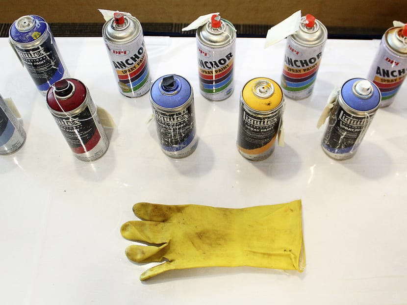 A dozen spray cans and a glove were seized in the vicinity of the crime scene at the SMRT Bishan Depot. PHOTO: Geneieve Teo