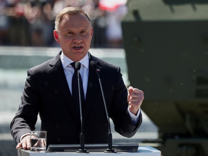 FILE PHOTO: Polish President Andrzej Duda speaks as he attends the military parade on Armed Forces Day, celebrated annually on August 15 to commemorate Poland's victory over the Soviet Union's Red Army in 1920, in Warsaw, Poland, August 15, 2023. REUTERS/Kacper Pempel/File Photo