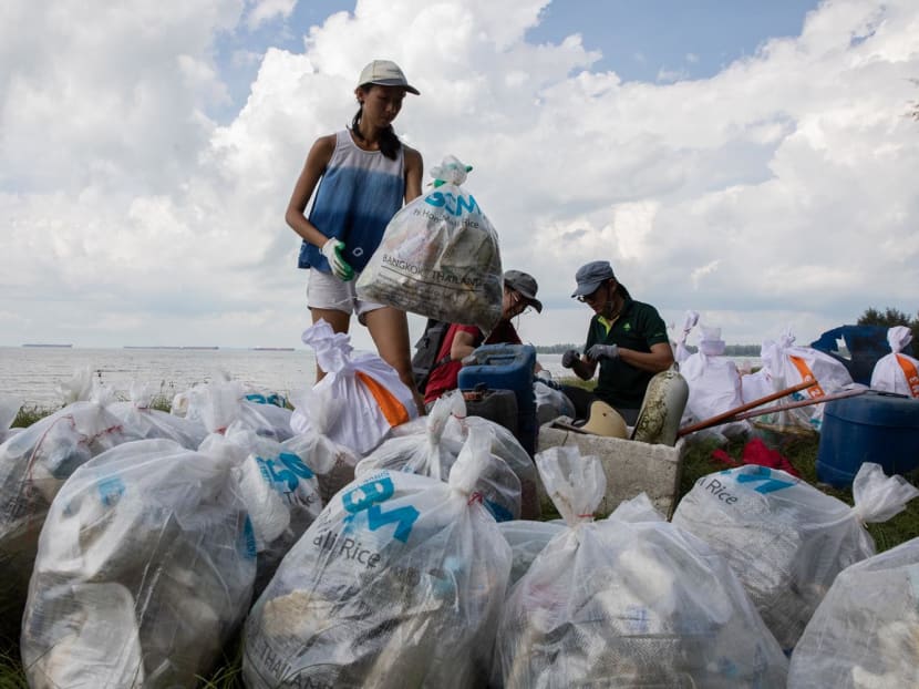 Bags of marine litter collected by volunteers during a clean-up at Tanah Merah Beach on June 5, 2022.
