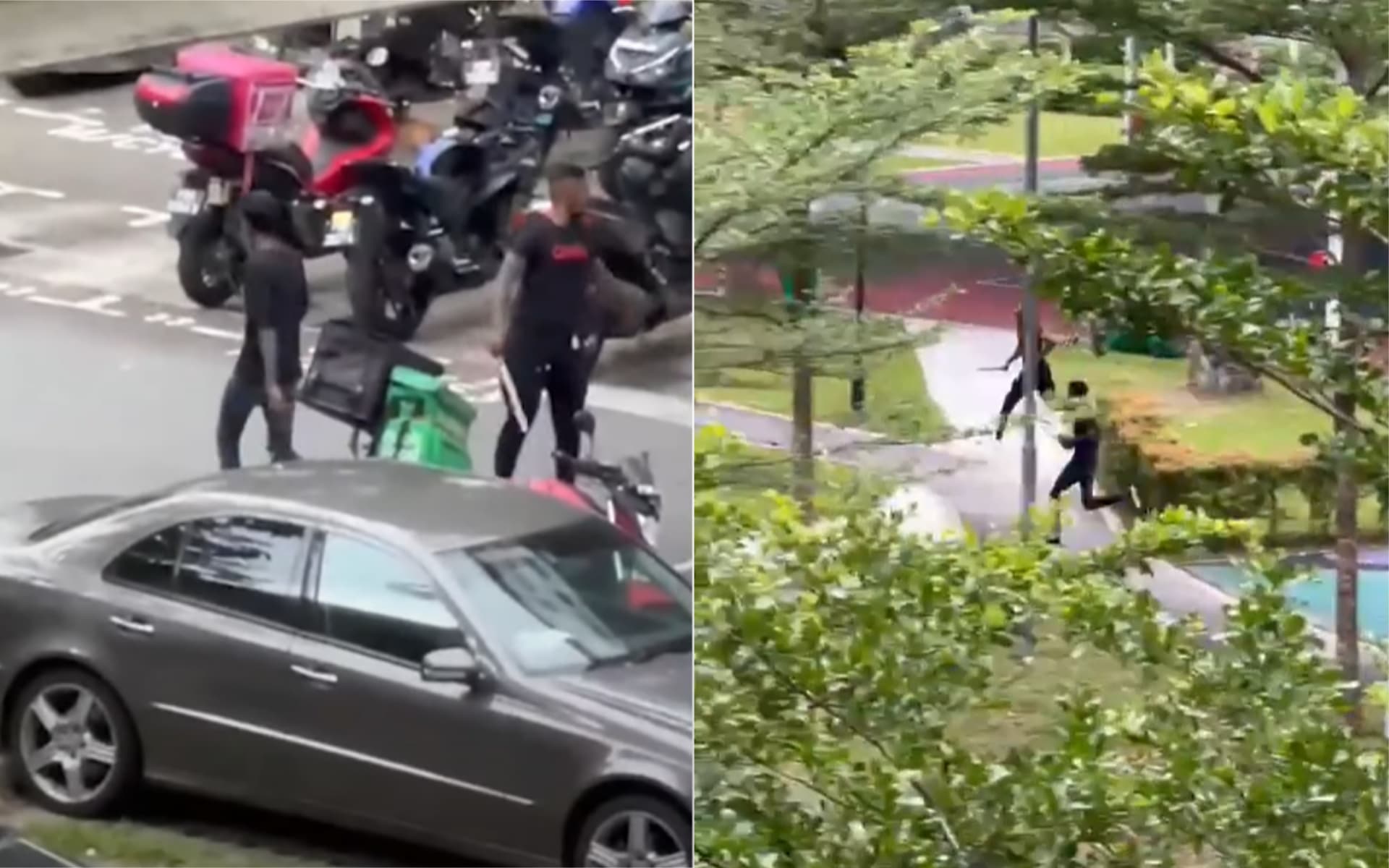Screengrabs from videos showing the two men wielding weapons at the carpark (left) and running away with their weapons (right). Screengrabs from videos showing the two men wielding weapons at the carpark (left) and running away with their weapons (right).