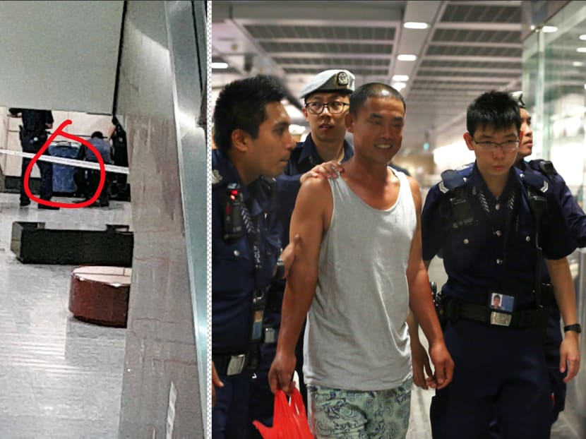 (Left) Bag that was left unattended. (Right) Police seen escorting a man in a singlet at Hougang MRT who is believed to be behind the unattended bag. Photos: Rubin Aw, Nuria Ling/TODAY