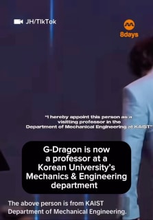 The 35-year-old BigBang frontman will be teaching leadership and organising cultural events.

To read the full story, click the link in our bio.

https://www.8days.sg/entertainment/asian/gdragon-professor-korean-university-mechanical-engineering-831401

📹 JH/TikTok