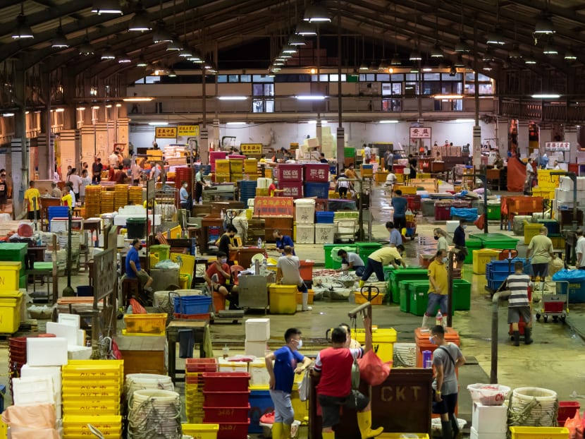 A view of the marketplace at Jurong Fishery Port on Aug 3, 2021. Minister for Sustainability and the Environment Grace Fu said tenants there have been cooperating with the authorities on the new safe management measures.