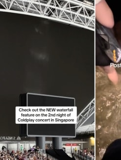 Screenshots from social media videos that show Coldplay fans moving through flooded walkways at the band's concert in Singapore on Jan 24, 2023.