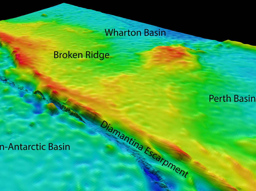 This undated graphic provided by Dr Robin Beaman, James Cook University, shows the North-westerly view of the search area for the missing Malaysia Airlines flight 370 at Broken Ridge, south-eastern Indian Ocean, which shows the Diamantina Escarpment dropping from about 800m to over 5,000m in depth. Photo: AP/Commonwealth of Australia (Geoscience Australia)