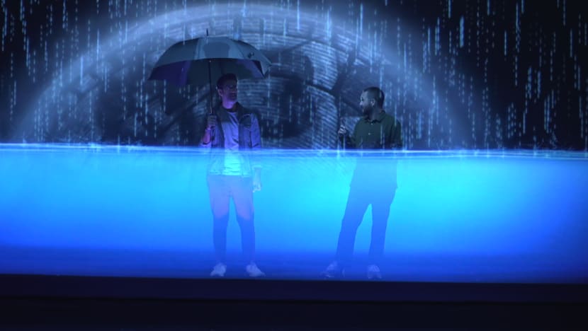 a state of the art stage set up tricks the audience into believing actors are interacting with the weather live