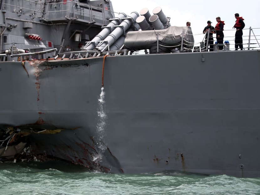 The US Navy guided-missile destroyer USS John S. McCain is seen after a collision, in Singapore waters August. Photo: Reuters