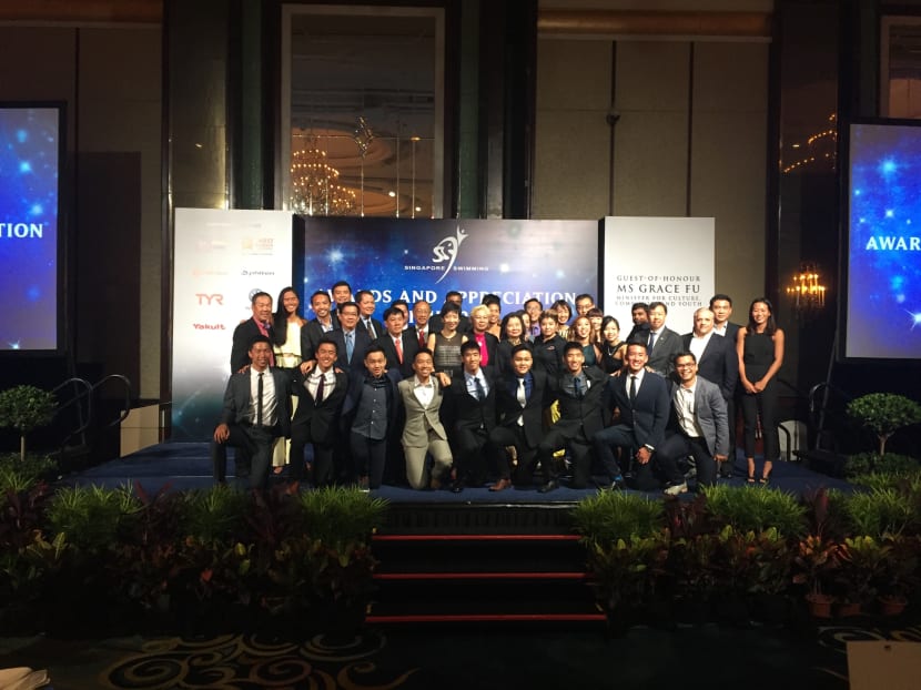 Ms Grace Fu, Minister for Culture, Community and Youth, with the SSA Ex-ecutive Committee, SSA Awards Selection Committee, sponsors, and award winners. Photo: Singapore Swimming Association