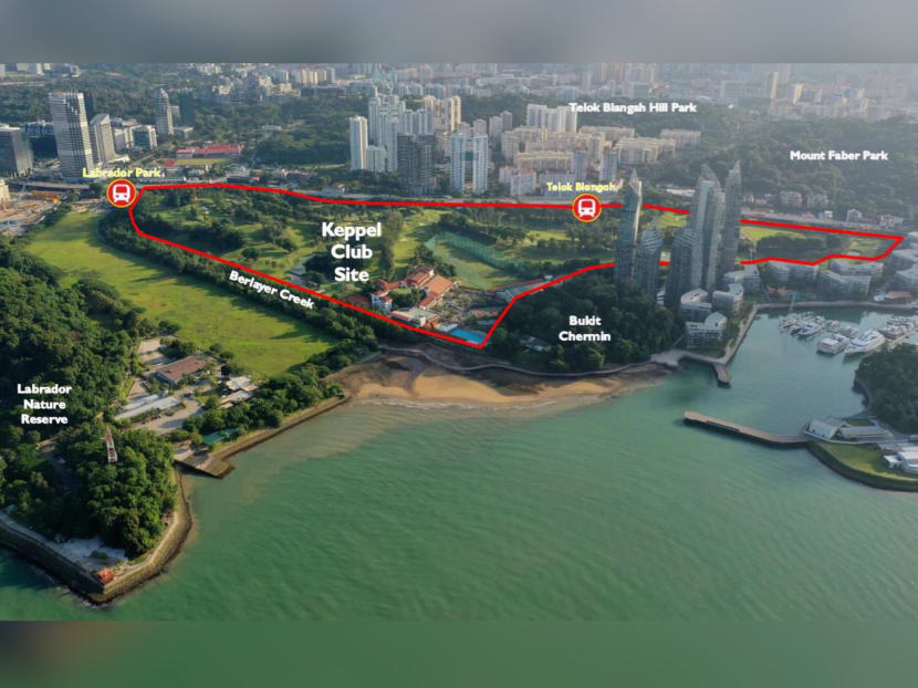 An aerial view of Keppel Club's site, with the development boundary marked out in red.
