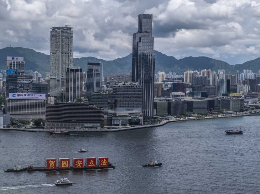 Banners on a barge in Victoria Harbour in Hong Kong on July 1, 2020 welcome the national security law imposed on the city by the Chinese government.