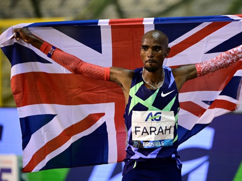 Britain's Mo Farah celebrates after victory and a world record in the men's one hour event at The Diamond League AG Memorial Van Damme athletics meeting at The King Baudouin Stadium in Brussels on Sept 4, 2020.<br />
&nbsp;
