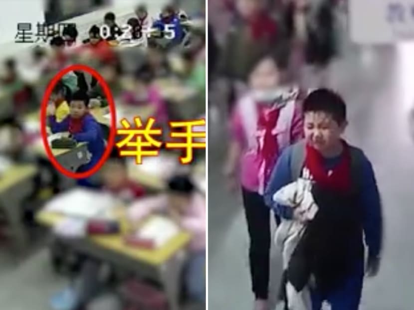 Screenshots from video footage show a boy in China raising his hands several times in class (left) because he was apparently feeling unwell and then crying as he left the class (right).