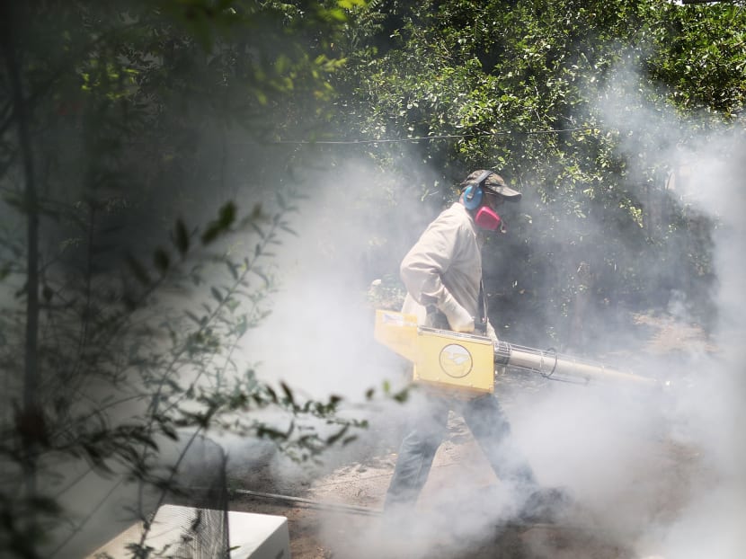 A Miami-Dade County mosquito control inspector uses a Golden Eagle blower to spray pesticide to kill mosquitos in the Wynwood neighborhood as the county fights to control the Zika virus outbreak in Miami. Photo: AFP