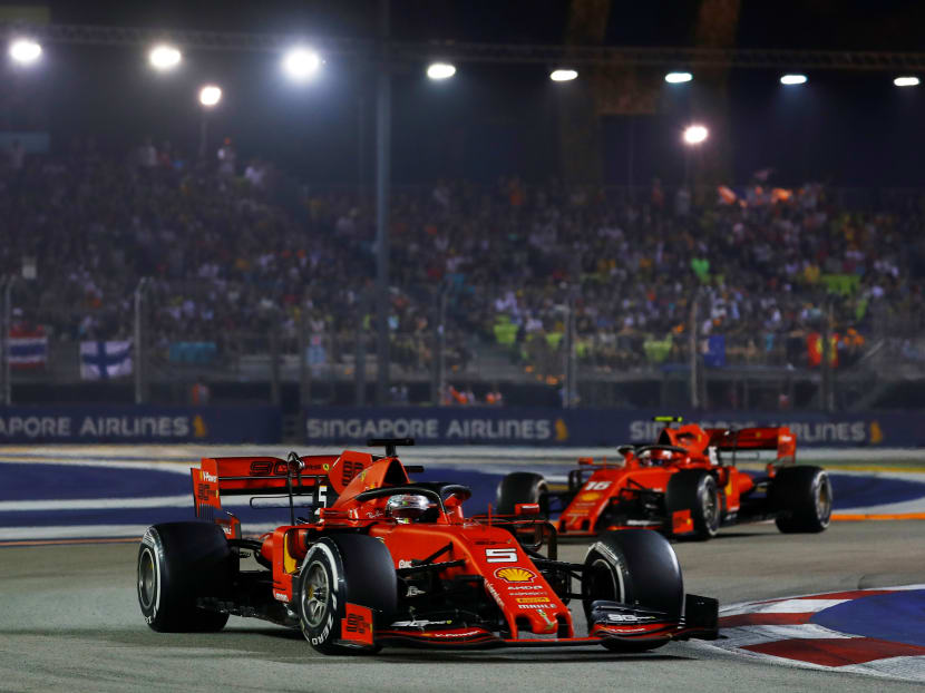 Ferrari's Sebastian Vettel and Charles Leclerc in action at the Marina Bay Street Circuit on Sunday, Sept 22. A total of 268,000 spectators came for the Formula 1 night race over the three-day weekend, setting the second highest attendance in the race’s history.