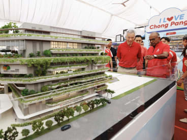 Singapore's Prime Minister Lee Hsien Loong with Law and Home Affairs Minister K Shanmugam at the Chong Pang Integrated Development's groundbreaking ceremony on March 26, 2023.