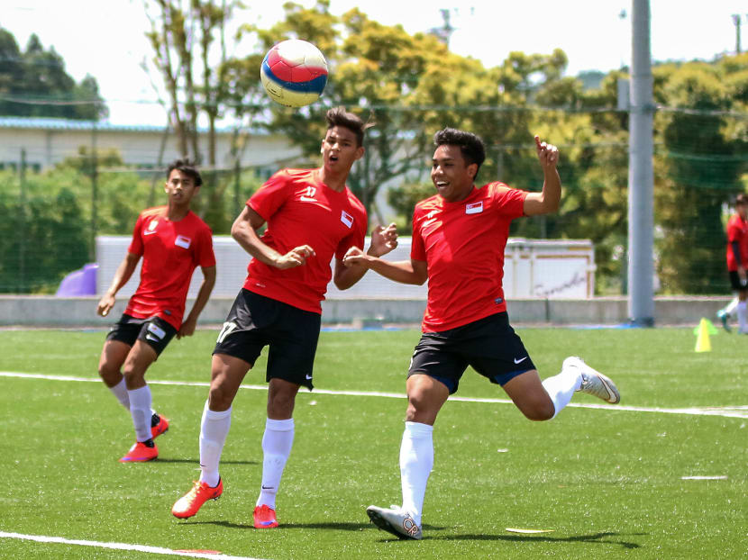 Irfan Fandi (left) and forward Shahfiq Ghani training in Japan as they prepare for the upcoming 5 to 16 SEA Games Photo: FAS