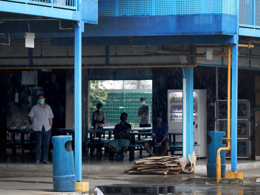 Foreign workers at a common area in S11 Dormitory@Punggol on April 21, 2020. The dormitory has Singapore's largest cluster of Covid-19 cases, with 2,234 confirmed cases as of April 23, 2020.