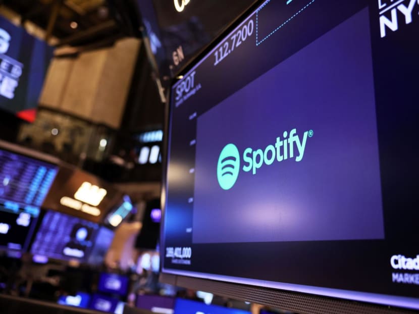 The Spotify company logo is displayed as traders work on the floor of the New York Stock Exchange during morning trading on Feb 1, 2023 in New York City. 
