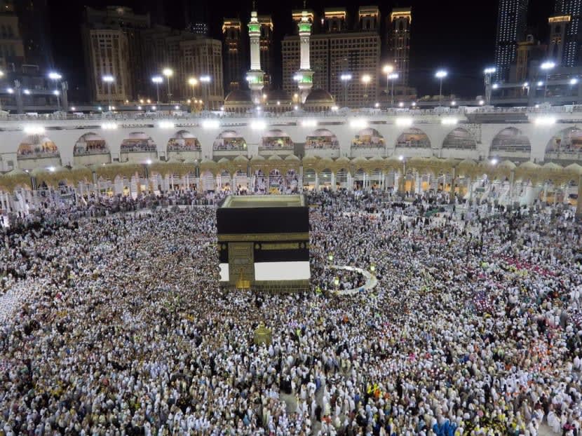 Muslim pilgrims performing the Haj circling the Kaaba at the Grand Mosque in Mecca.