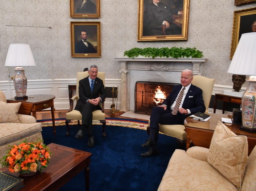 US President Joe Biden meets with Prime Minister Lee Hsien Loong of Singapore in the Oval Office of the White House in Washington, DC, on March 29, 2022.