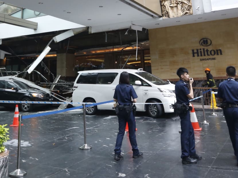 False ceiling collapses at Hilton Hotel. Photo: Ernest Chua / TODAY