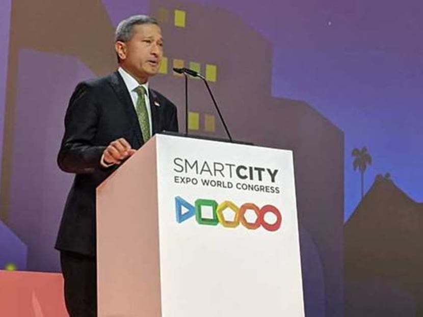 Dr Vivian Balakrishnan speaking at the opening session of the Smart City Expo World Congress in Barcelona on Nov 19.