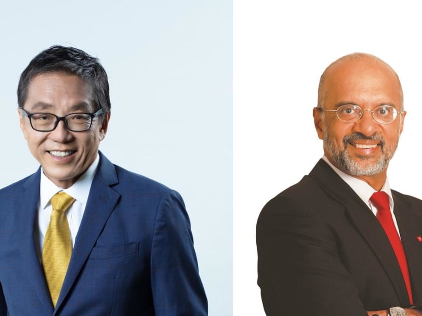 The founding chairman of Singapore Management University Ho Kwon Ping (left) will step down in January 2023 and will be succeeded by DBS Group CEO Piyush Gupta (right).