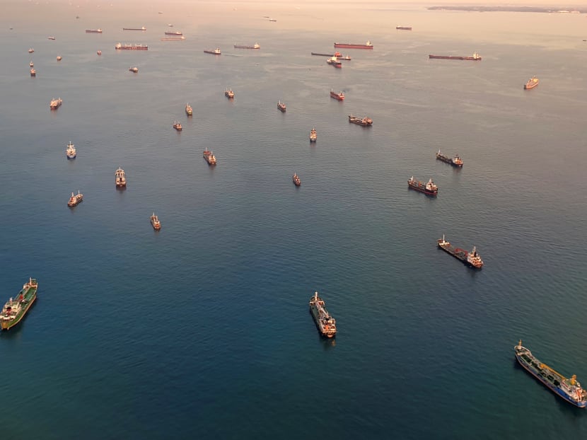 A view of vessels in the Singapore Strait. A view of vessels in the Singapore Strait.
