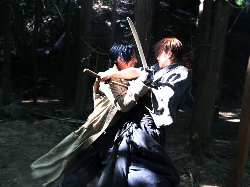 Kenshin and his master duke it out in Rorouni Kenshin: The Legend Ends.