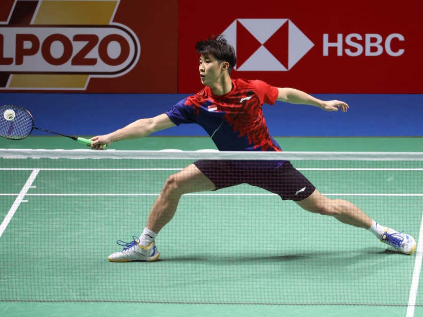 Loh Kean Yew at the men's singles final badminton match of the Badminton World Federation's World Championships in Spain on Dec 19, 2021, after nursing an ankle injury.