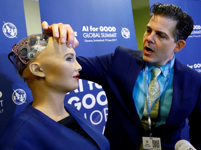 Mr David Hanson of Hanson Robotics presents Sophia, a robot integrating the latest technologies and artificial intelligence, at the AI for Good Global Summit at the International Telecommunication Union, in Geneva, Switzerland, on June 7. Photo: Reuters