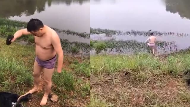 车辆落水司机受困 中国残疾男子跳水用脚救人