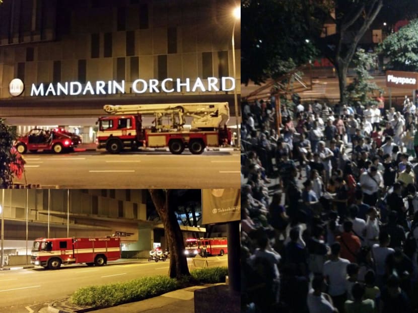 SCDF vehicles outside the Mandarin Orchard on Tuesday night. Photos: Hebby Deng via Channel NewsAsia