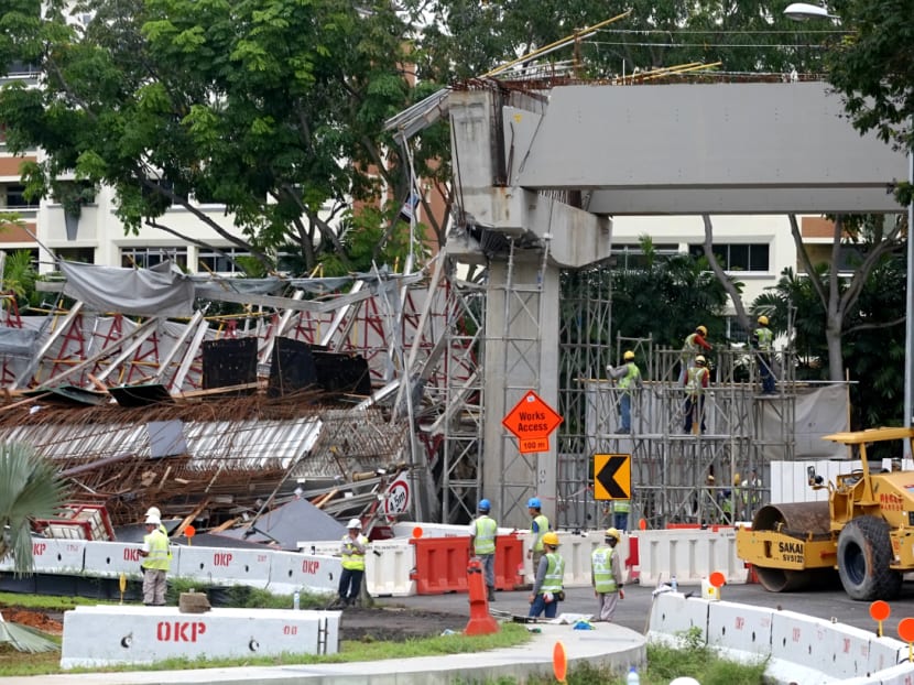 The collapsed viaduct on Friday (July 14). Preliminary investigations show that the corbels underneath the workers suddenly gave way, sending them crashing down. Photo: Nuria Ling/TODAY The collapsed viaduct on Friday (July 14). Preliminary investigations show that the corbels underneath the workers suddenly gave way, sending them crashing down. Photo: Nuria Ling/TODAY
