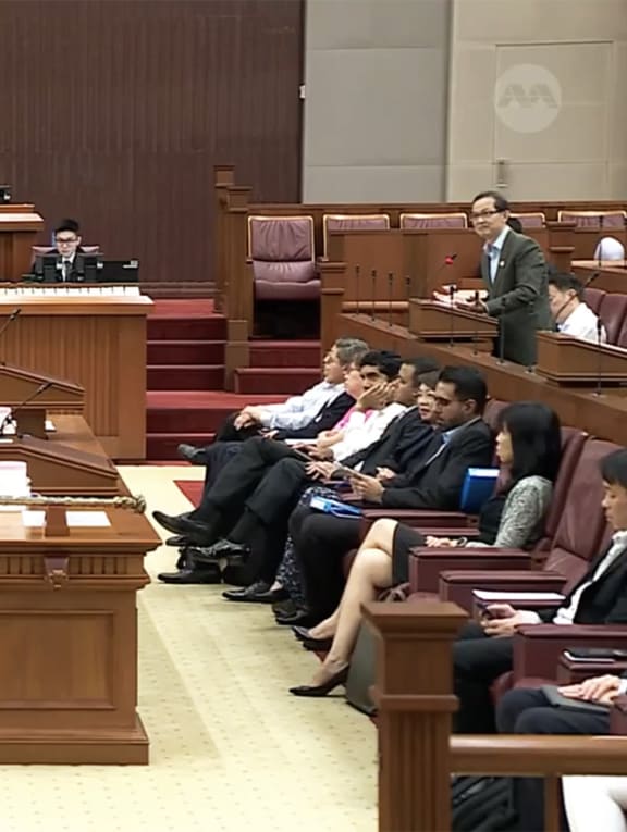 Law and Home Affairs Minister K Shanmugam addresses Parliament on March 22, 2023. NCMP Leong Mun Wai can be seen standing (right). Law and Home Affairs Minister K Shanmugam addresses Parliament on March 22, 2023. NCMP Leong Mun Wai can be seen standing (right).