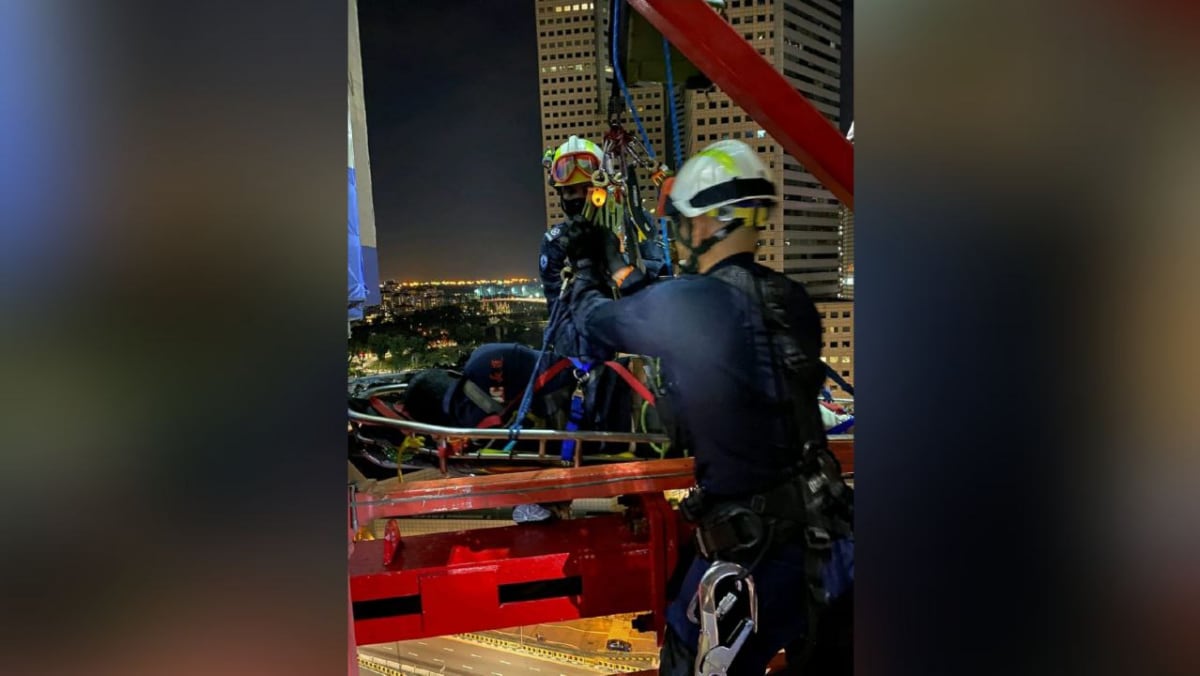 Petugas pemadam kebakaran, regu elit SCDF menyelamatkan pekerja yang terluka yang terjebak di tower crane
