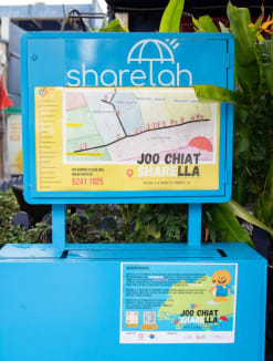 There are no umbrellas available for use at a Joo Chiat Sharella kiosk located at a bus stop along East Coast Road on Jan 18, 2024. 