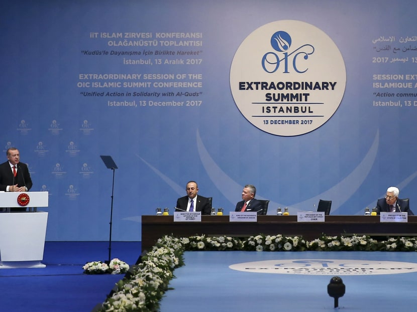 Turkish President Tayyip Erdogan speaks during an extraordinary meeting of the Organisation of Islamic Cooperation (OIC) in Istanbul, Turkey, December 13, 2017. Photo: Reuters