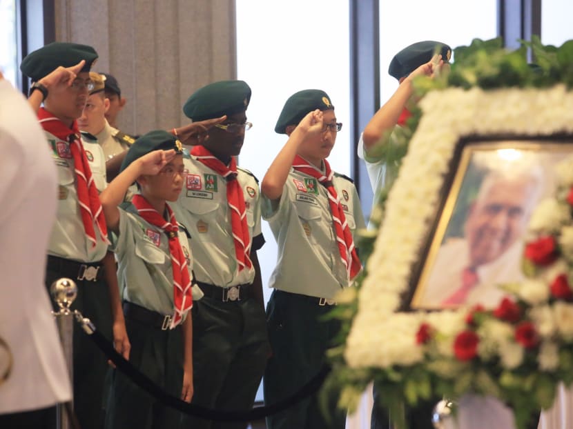 Scouts paying their last respects to the late former President S R Nathan lying in state at Parliament House, on Aug 25, 2016. Photo: Koh Mui Fong