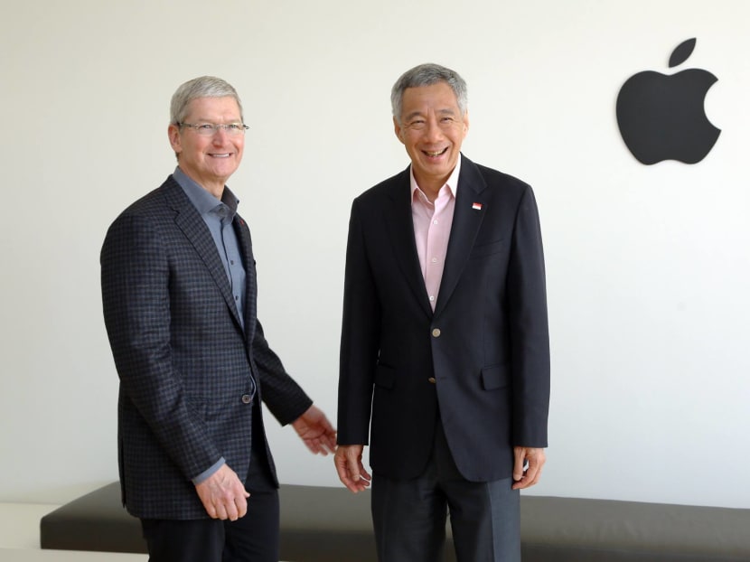 PM Lee Hsien Loong seen here with Apple CEO Tim Cook during a recent trip to San Francisco. Photo: MCI via Lee Hsien Loong/Facebook