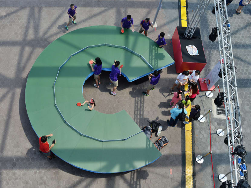 The horseshoe-shaped table at the Sports Hub that resembles artist Lee Wen’s Ping-Pong Go Round. Photo: Robin Choo