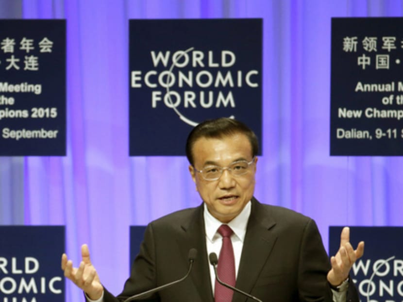 China’s Premier Li Keqiang speaking at the opening ceremony of the World Economic Forum Annual Meeting of the New Champions in China’s port city of Dalian yesterday. Photo: REUTERS