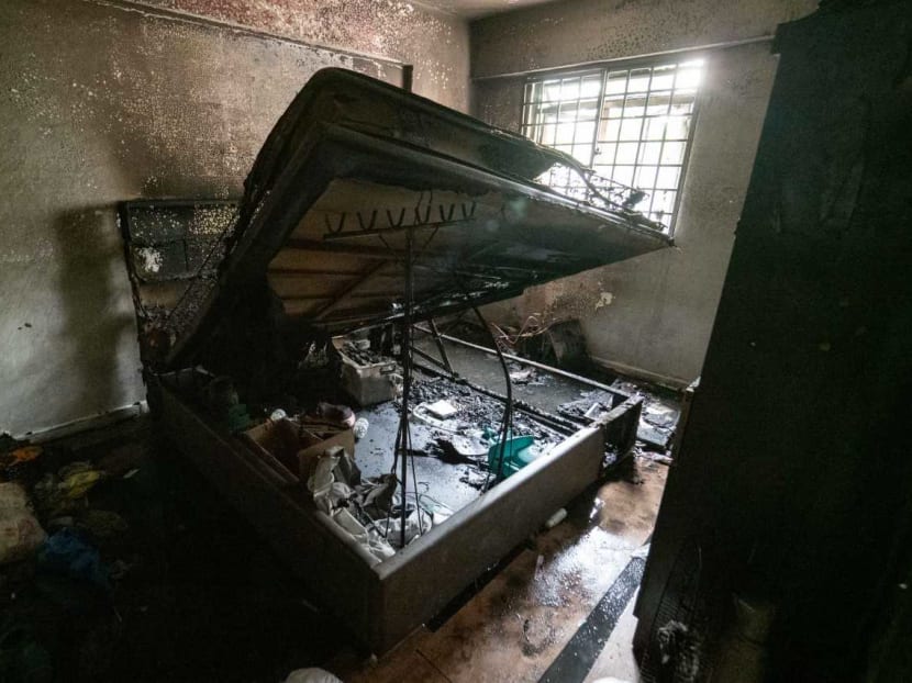 The bedroom where a fire broke out at a unit in Block 218 Marsiling Crescent. Two toddlers were asleep in the bedroom at the time.