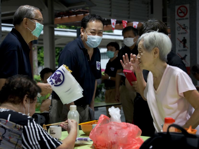 Mr Lim Tean (standing, second from left), chief of Peoples Voice, on a walkabout at Bendemeer Market & Food Centre on July 8, 2020 during the election campaign. Mr Lim Tean (standing, second from left), chief of Peoples Voice, on a walkabout at Bendemeer Market & Food Centre on July 8, 2020 during the election campaign.