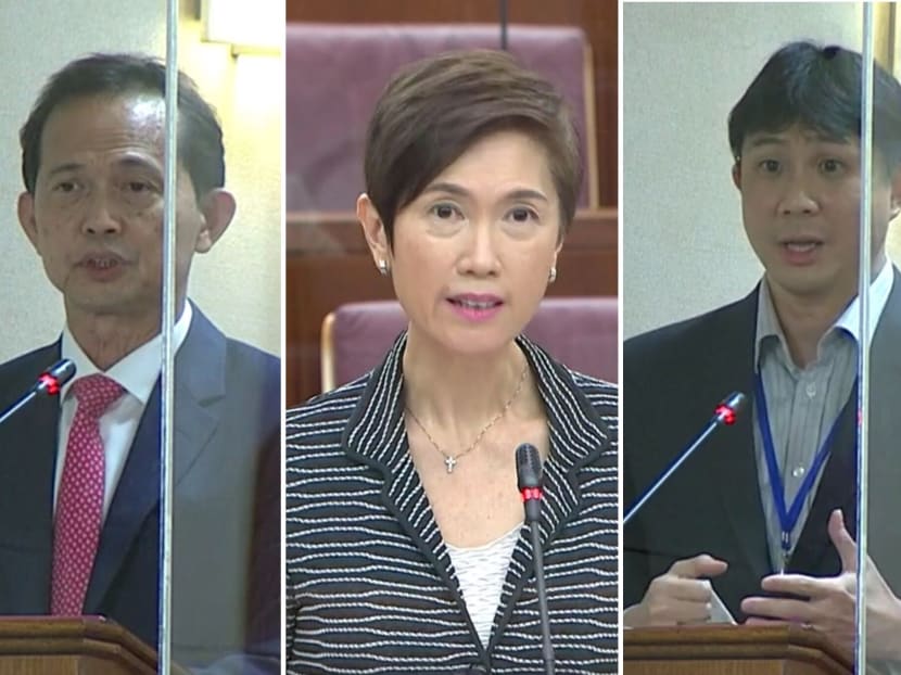 (From left): Progress Singapore Party's Leong Mun Wai, Manpower Minister Josephine Teo and the Workers' Party's Jamus Lim, speaking Parliament on Sept 1, 2020.