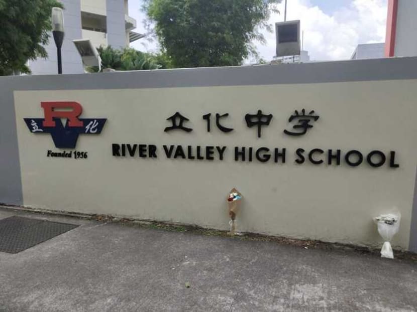 Flowers left at River Valley High School in Boon Lay, the scene of the 13-year-old's tragic death on July 19, 2021.